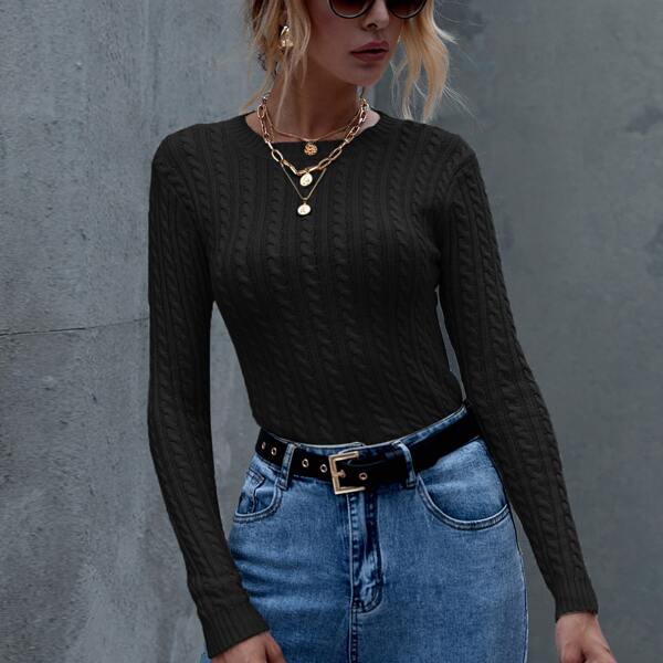 

Solid Cable Knit Sweater, Black