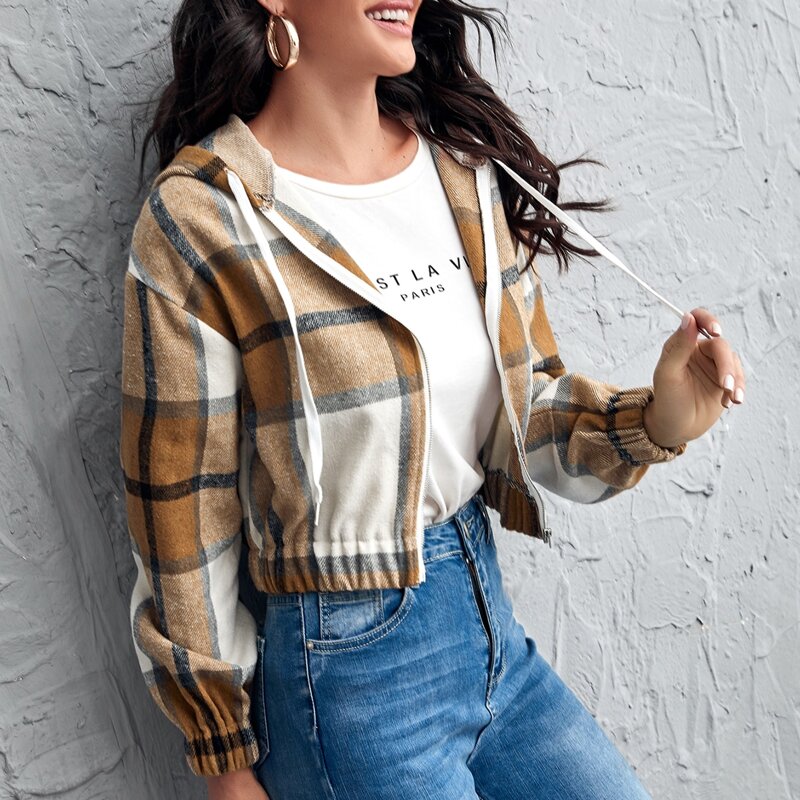 

Zip Up Drawstring Hooded Plaid Jacket, Multicolor