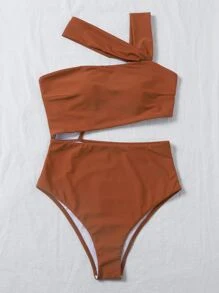 Swim Basics Traje de baño de una pieza con recortes a la cintura para playa de verano - Óxido marrón - Ver 3