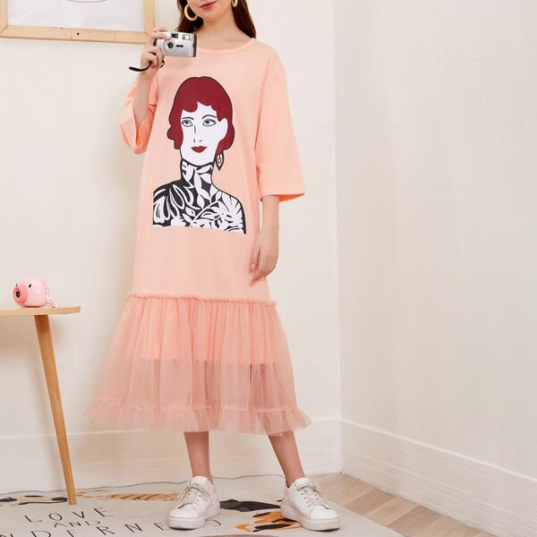 

Figure Graphic Mesh Ruffle Hem Dress, Coral pink