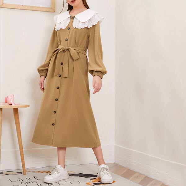 

Statement Collar Button Up Belted Dress, Camel