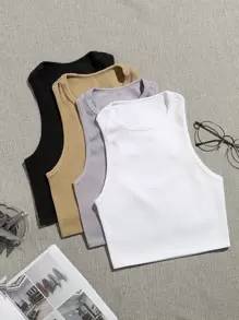 Yoga Basic 4 件装无缝罗纹针织运动背心健身背心修身衬衫 - 彩色 - 查看 1