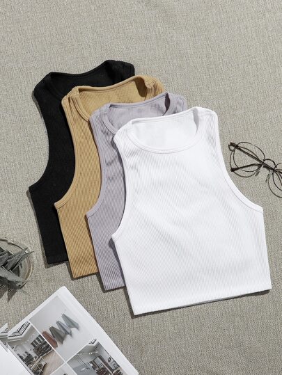 4pcs Seamless Rib-Knit Sports Tank Top Workout Tank Tops Fitted Shirt