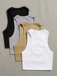 Yoga Basic 4 件装无缝罗纹针织运动背心健身背心修身衬衫 - 彩色 - 查看 2