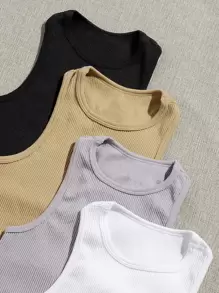 Yoga Basic 4 件装无缝罗纹针织运动背心健身背心修身衬衫 - 彩色 - 查看 5