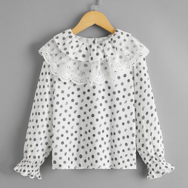 

Girls Embroidered Mesh Ruffle Trim Paisley Print Top, White