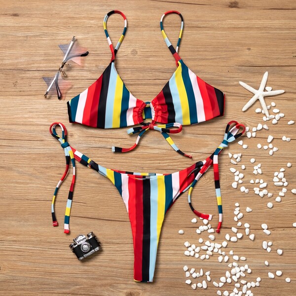 

Colorful Striped Tie Side Bikini Swimsuit, Multicolor