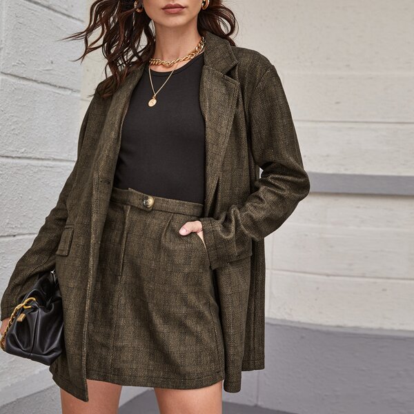 

Single Button Plaid Blazer & Skirt Set, Mocha brown