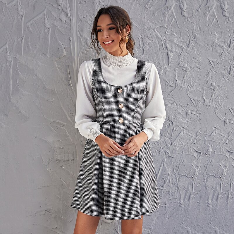 

Single Breasted Houndstooth Dress Without Blouse, Black and white
