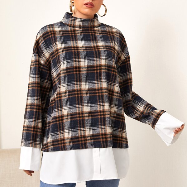 

Plus 2 In 1 Mock Neck Plaid Blouse, Multicolor