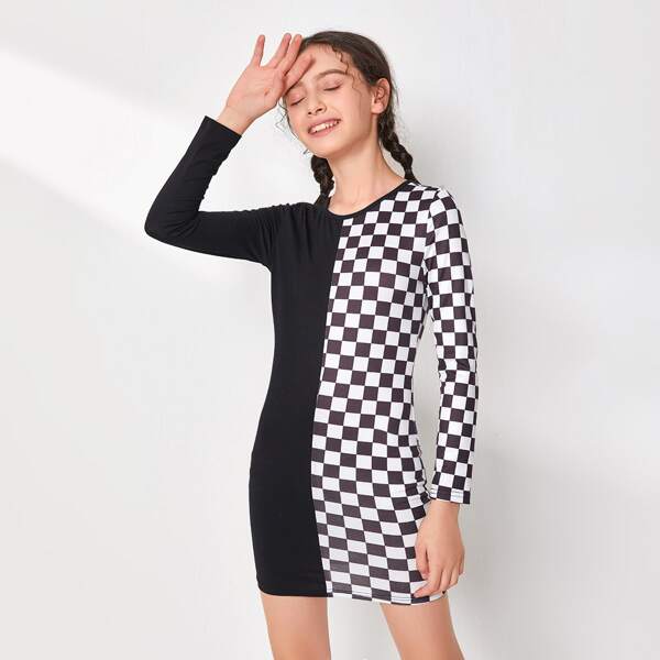 

Girls Colorblock Checked Dress, Black and white