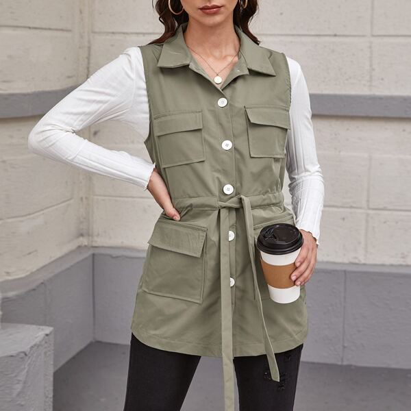 

Button Front Flap Pocket Drawstring Knot Vest Coat, Army green