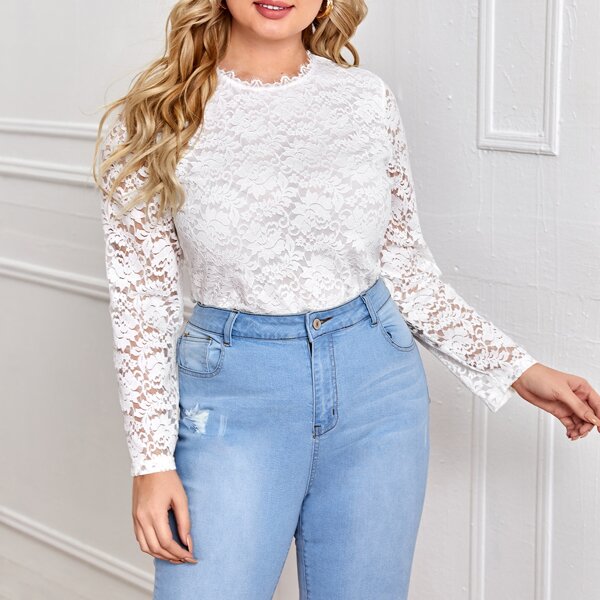 

Plus Keyhole Back Lace Overlay Blouse, White