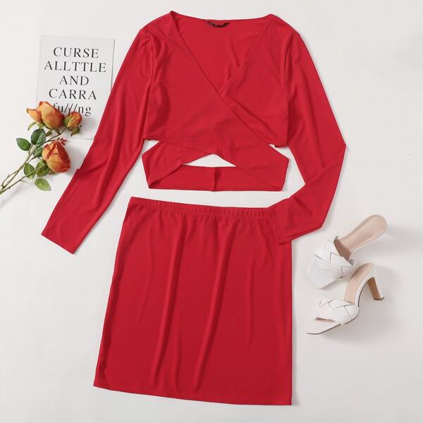 

Plus Cross Wrap Crop Top & Skirt Set, Red
