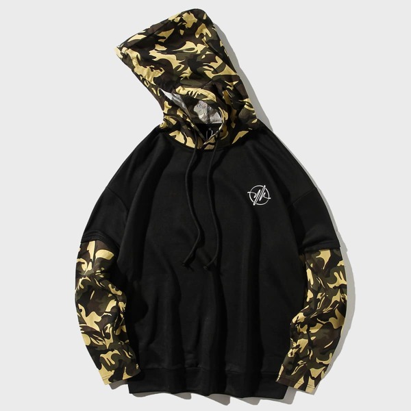 

Men Camo Print Drop Shoulder Drawstring Hoodie, Black