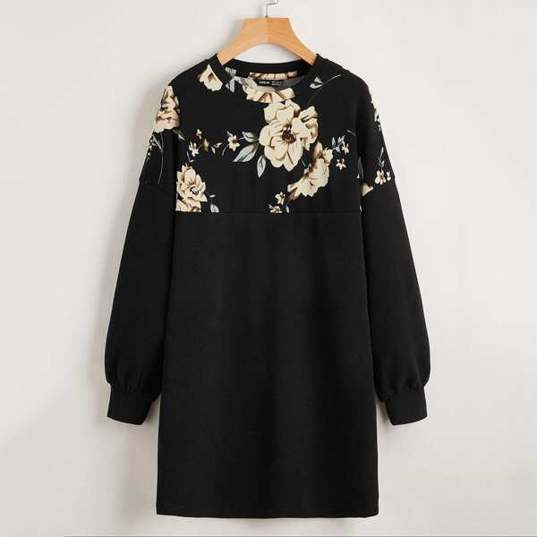 

Floral Print Yoke Dress, Black