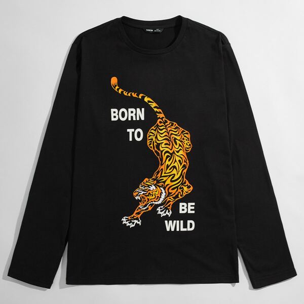 

Men Tiger & Slogan Graphic Tee, Black