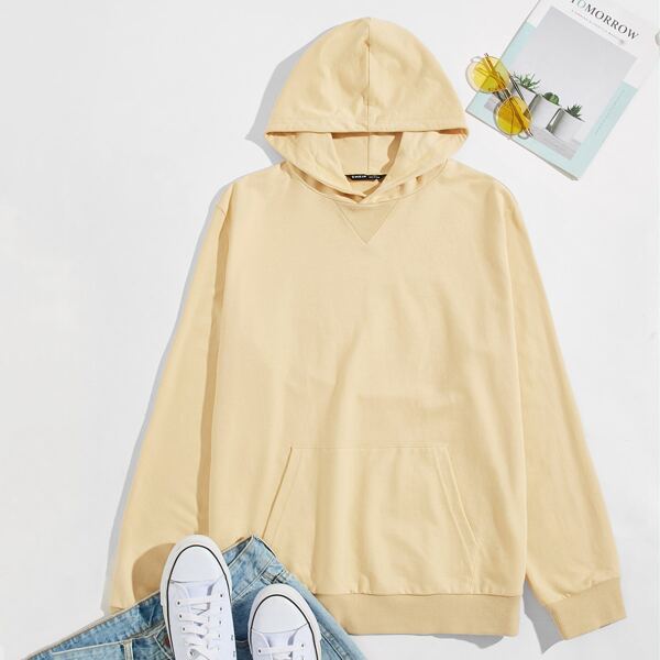 

Men Pouch Pocket Solid Hoodie, Beige