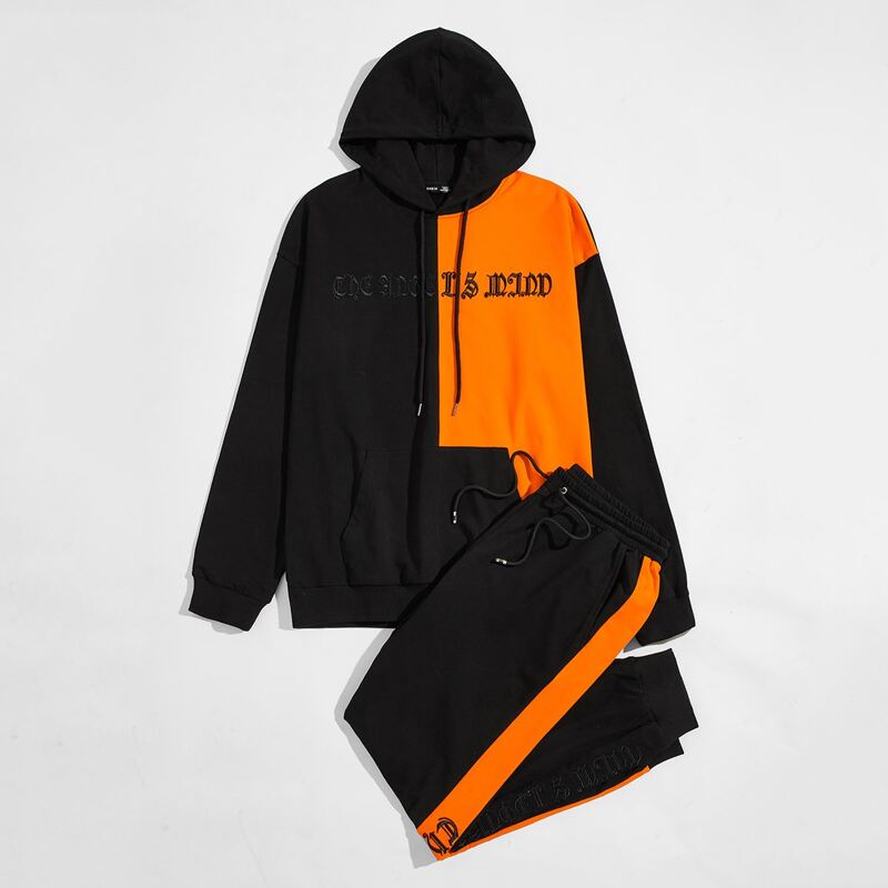 

Guys Slogan Embroidered Colorblock Hoodie & Joggers Set, Black