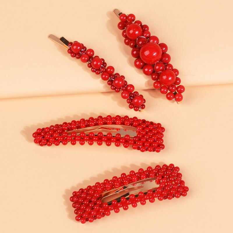 

4pcs Beaded Hair Clip, Red