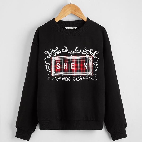 

Boys Plaid & Letter Graphic Pullover, Black