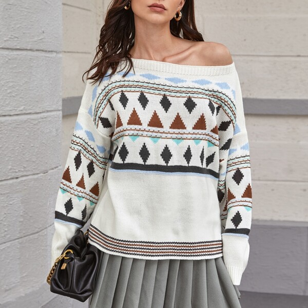 

Drop Shoulder Fair Isle Oversized Sweater, White