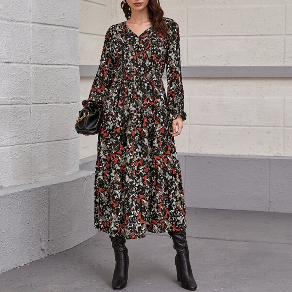 

Tassel Tie Neck Bell Sleeve Floral & Butterfly Dress, Multicolor