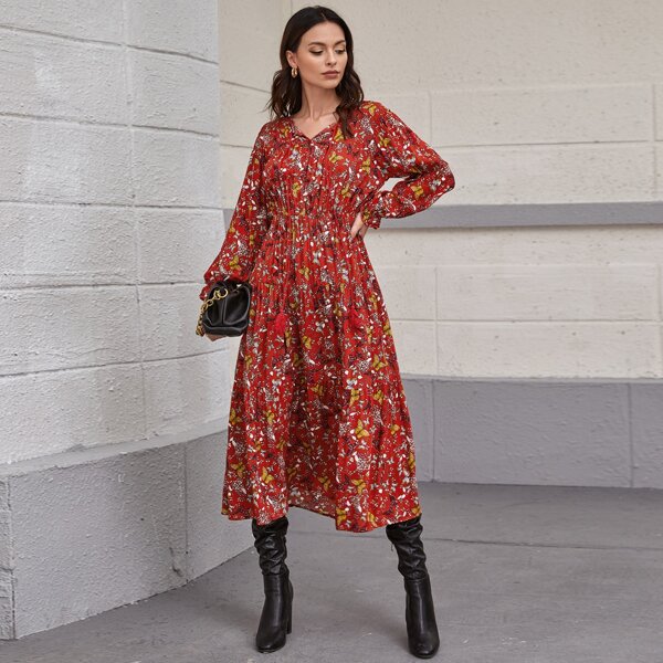 

Tassel Tie Neck Bell Sleeve Floral & Butterfly Dress, Red