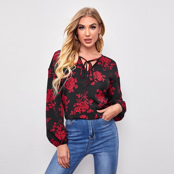 

Tie Neck Floral Print Top, Multicolor