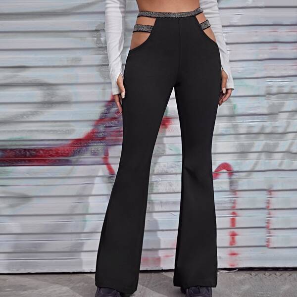 

Cutout Glitter Waist Flare Leg Pants, Black