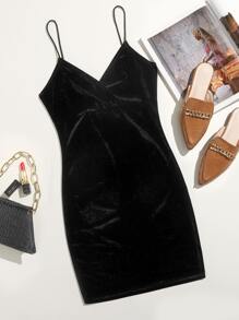 Muchica Solid Velvet Bodycon Dress - Black - View 1