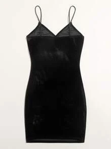Muchica Solid Velvet Bodycon Dress - Black - View 2