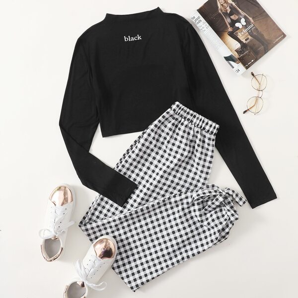 

Letter Graphic Tee With Gingham Knot Pants, Black and white