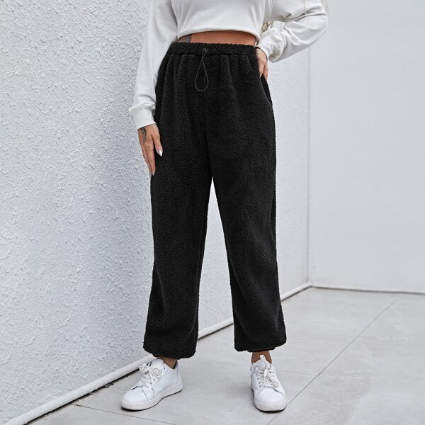 

Drawstring Waist Teddy Pants, Black