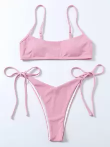 SHEIN Swim Rib Tie Side Bikini Set Summer Beach - Pink - View 3