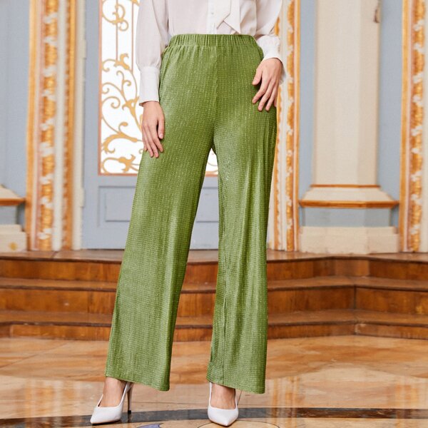 

Elastic Waist Velvet Wide Leg Pants, Lime green