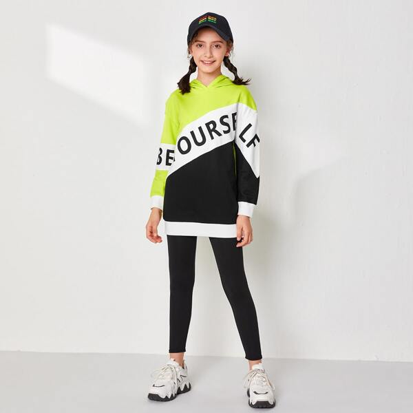 

Girls Letter Graphic Colorblock Hoodie & Leggings Set, Multicolor