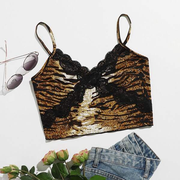 

Tiger Striped Print Lace Trimed Crop Cami Top, Multicolor