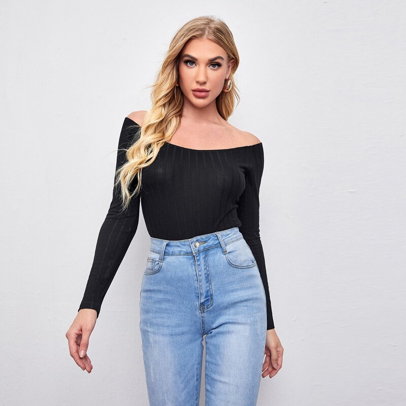 

Off Shoulder Rib-knit Slim Tee, Black