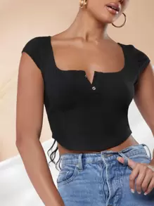 SHEIN Unity Button Front Rib-knit Asymmetrical Hem Tee - Black - View 3