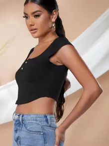 SHEIN Unity Button Front Rib-knit Asymmetrical Hem Tee - Black - View 4