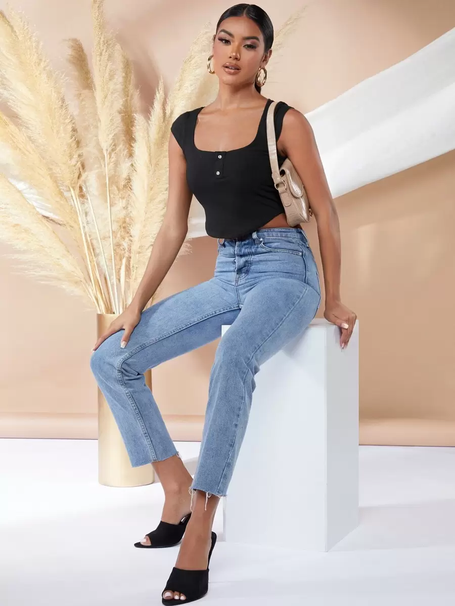 SHEIN Unity Button Front Rib-knit Asymmetrical Hem Tee - Black - View 1