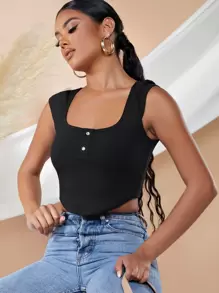 SHEIN Unity Button Front Rib-knit Asymmetrical Hem Tee - Black - View 5