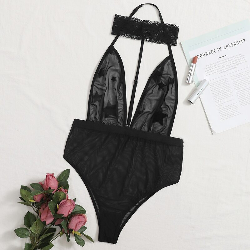 

Star Pattern Sheer Mesh Teddy Bodysuit, Black