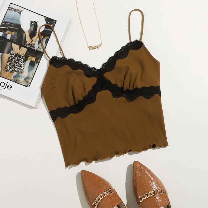 

Contrast Lace Detail Crop Cami Top, Brown