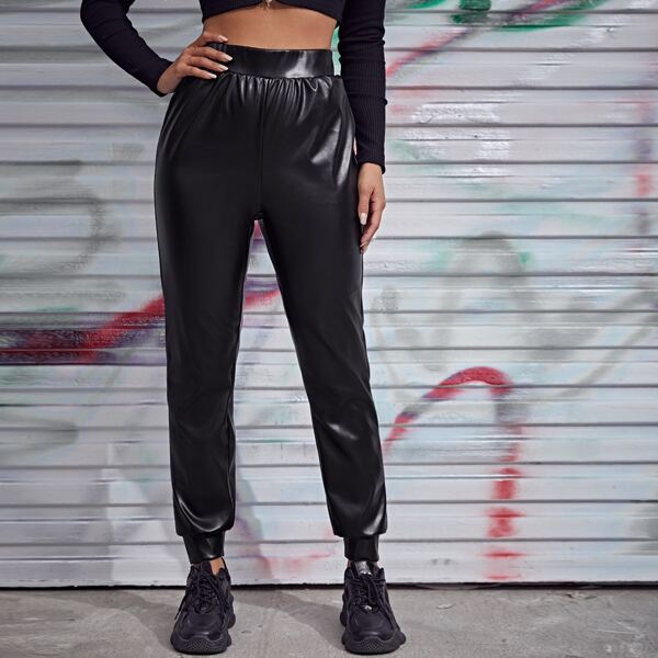 

Solid PU Leather Pants, Black
