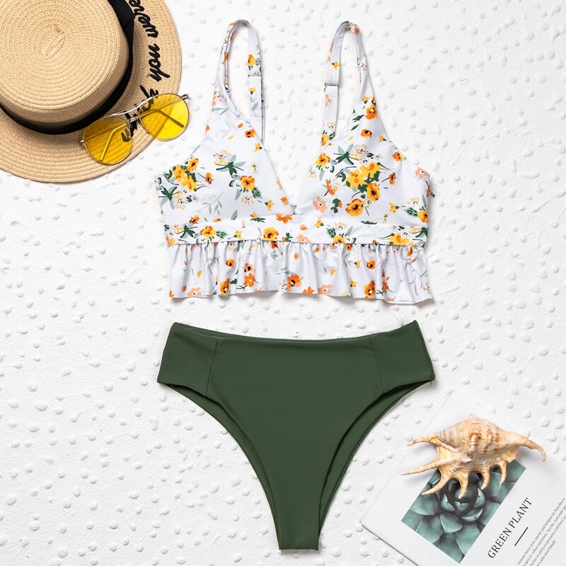 

Floral Ruffle Hem High Waisted Bikini Swimsuit, Multicolor