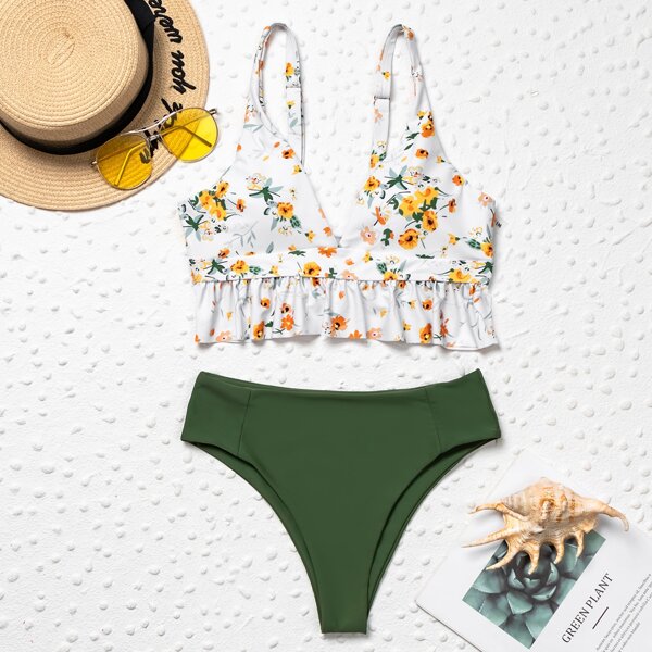 

Floral Lace-up High Waisted Bikini Swimsuit, Multicolor