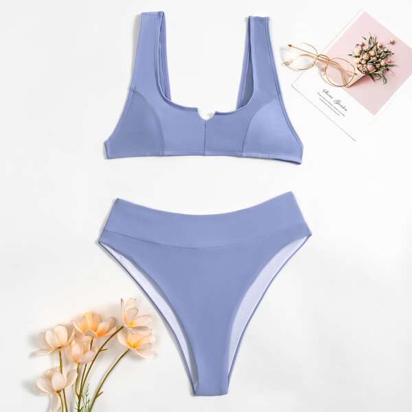 

Cut-out Detail High Waisted Bikini Swimsuit, Pastel lilac purple