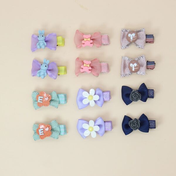 

12pcs Toddler Girls Flower & Bow Decor Hair Clip, Multicolor